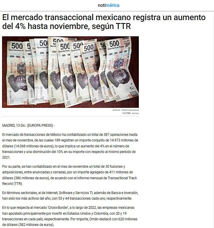 El mercado transaccional mexicano registra un aumento del 4% hasta noviembre, segn TTR